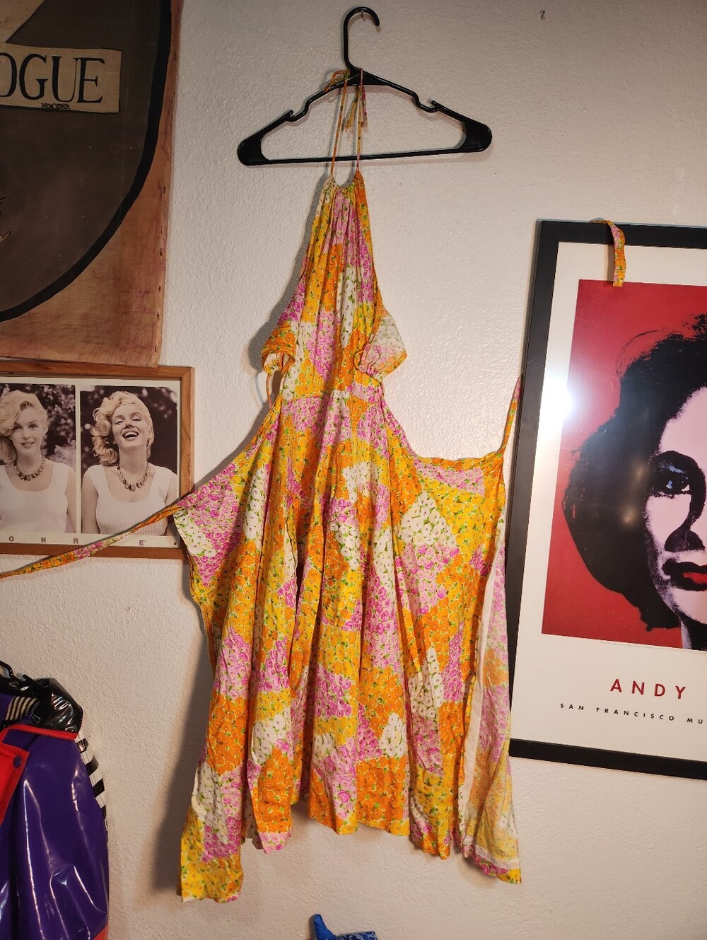 Vintage-Inspired Yellow & Pink Floral Halter Dress